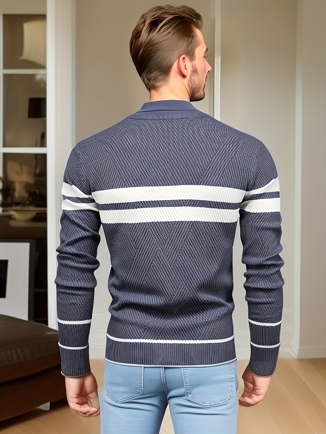 all match striped knitted sweater mens casual warm high stretch crew neck pullover sweater for fall winter details 18