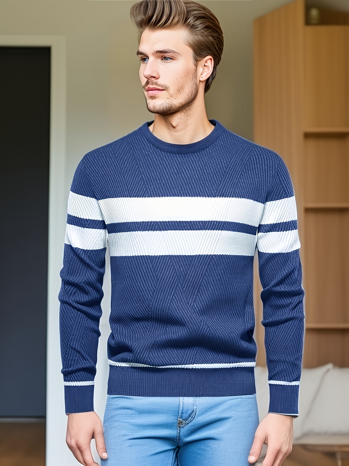 all match striped knitted sweater mens casual warm high stretch crew neck pullover sweater for fall winter details 19