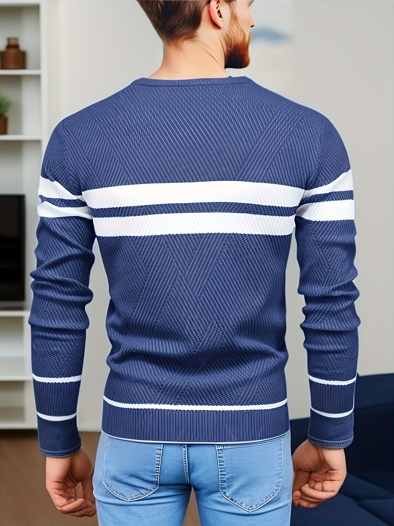 all match striped knitted sweater mens casual warm high stretch crew neck pullover sweater for fall winter details 20