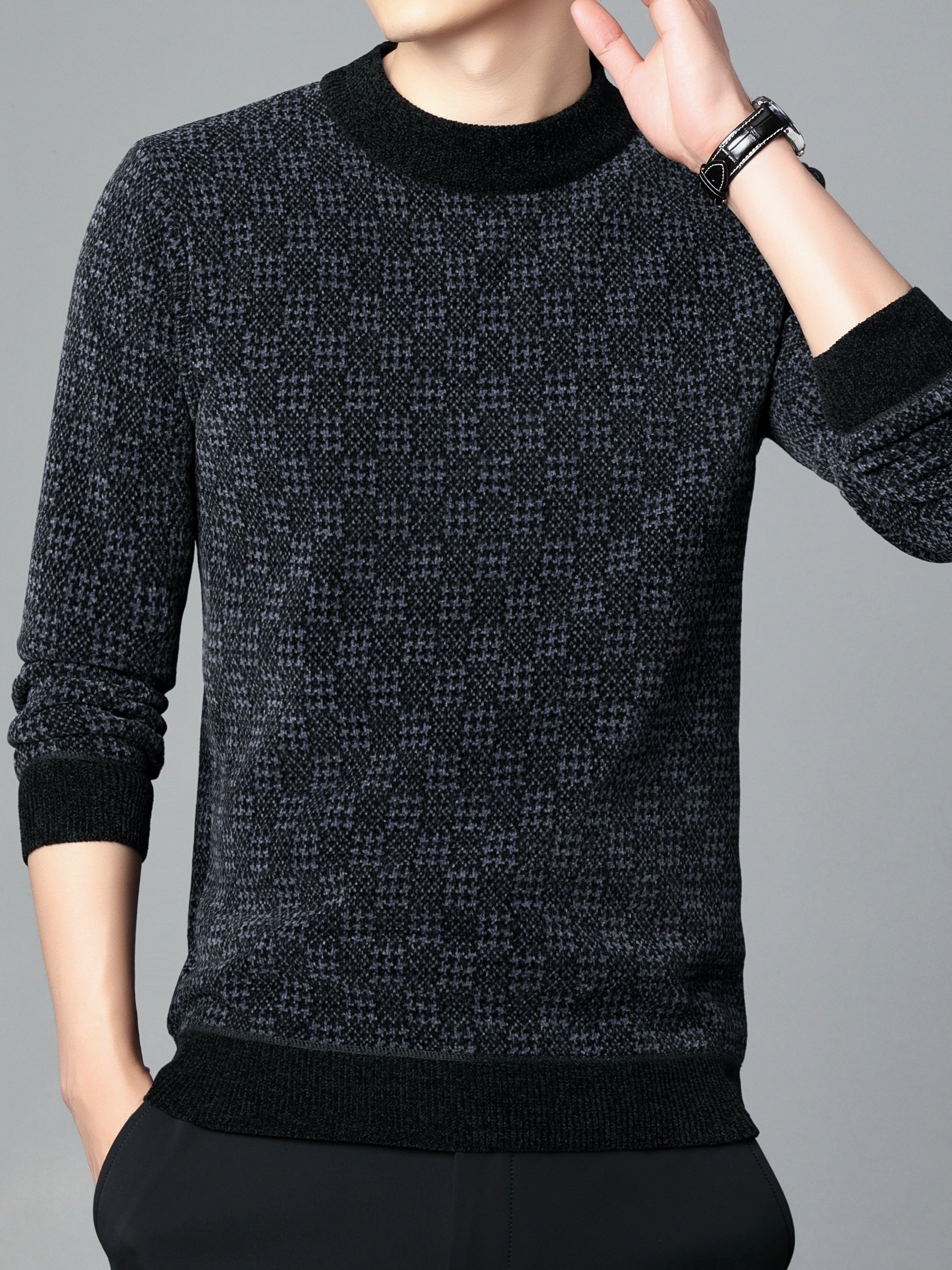 mens stylish loose geometric pattern sweater casual breathable long sleeve crew neck top for city walk street hanging outdoor activities details 7