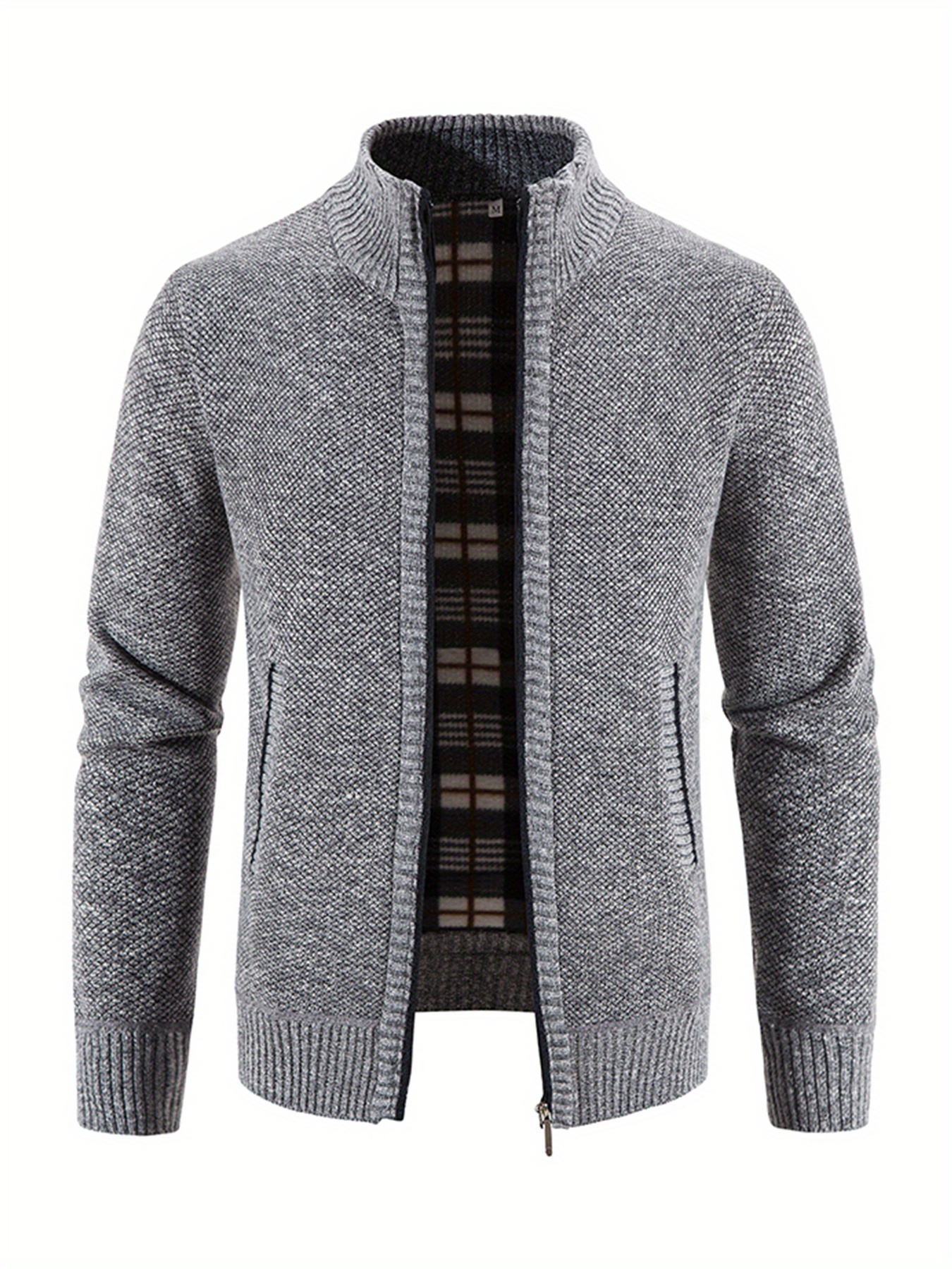 mens full zip up casual cardigan patchwork thermal regular fit knit sweater details 0