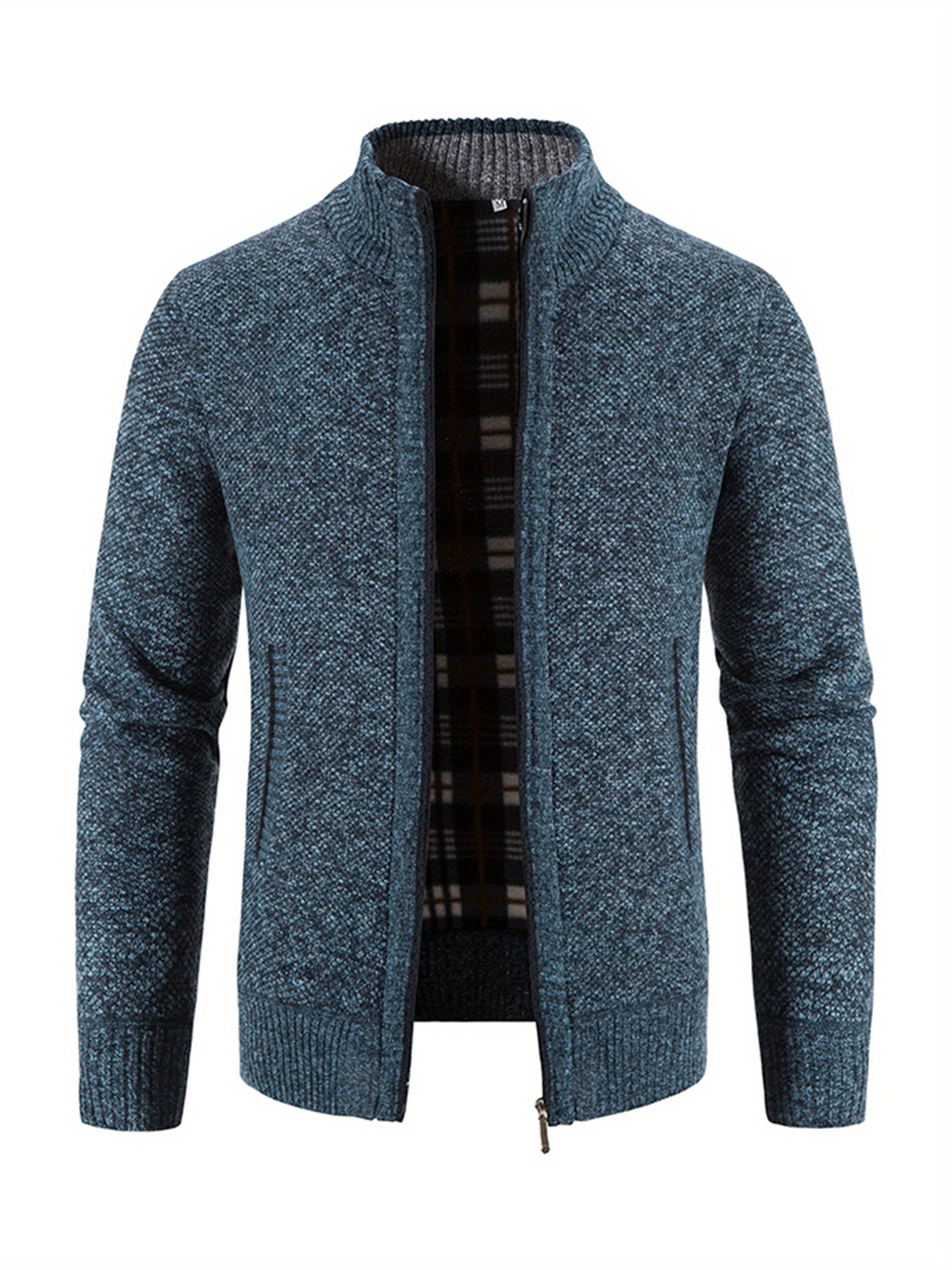 mens full zip up casual cardigan patchwork thermal regular fit knit sweater details 8