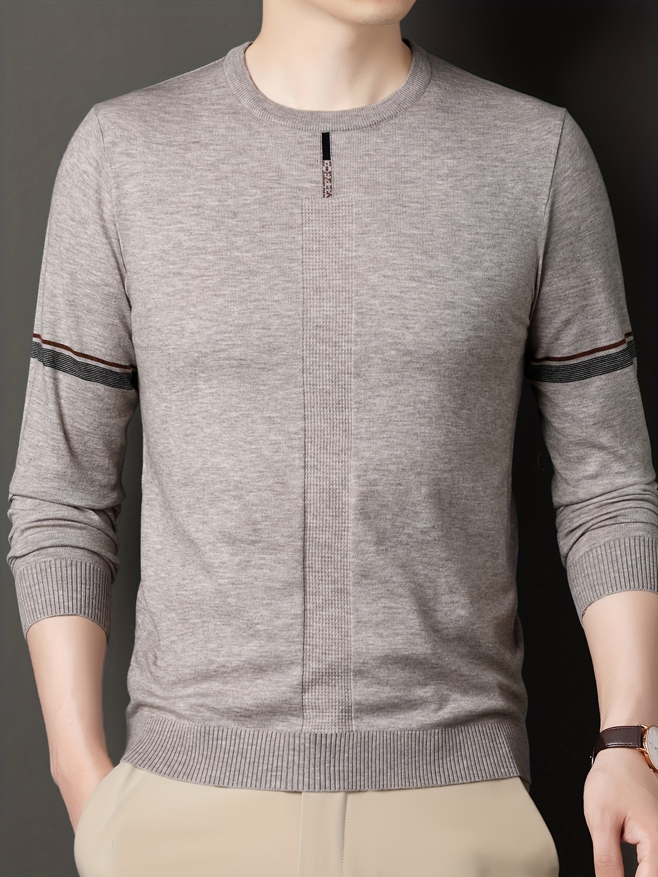 mens solid knit sweater casual elegant pullover for spring fall winter mens clothing details 0