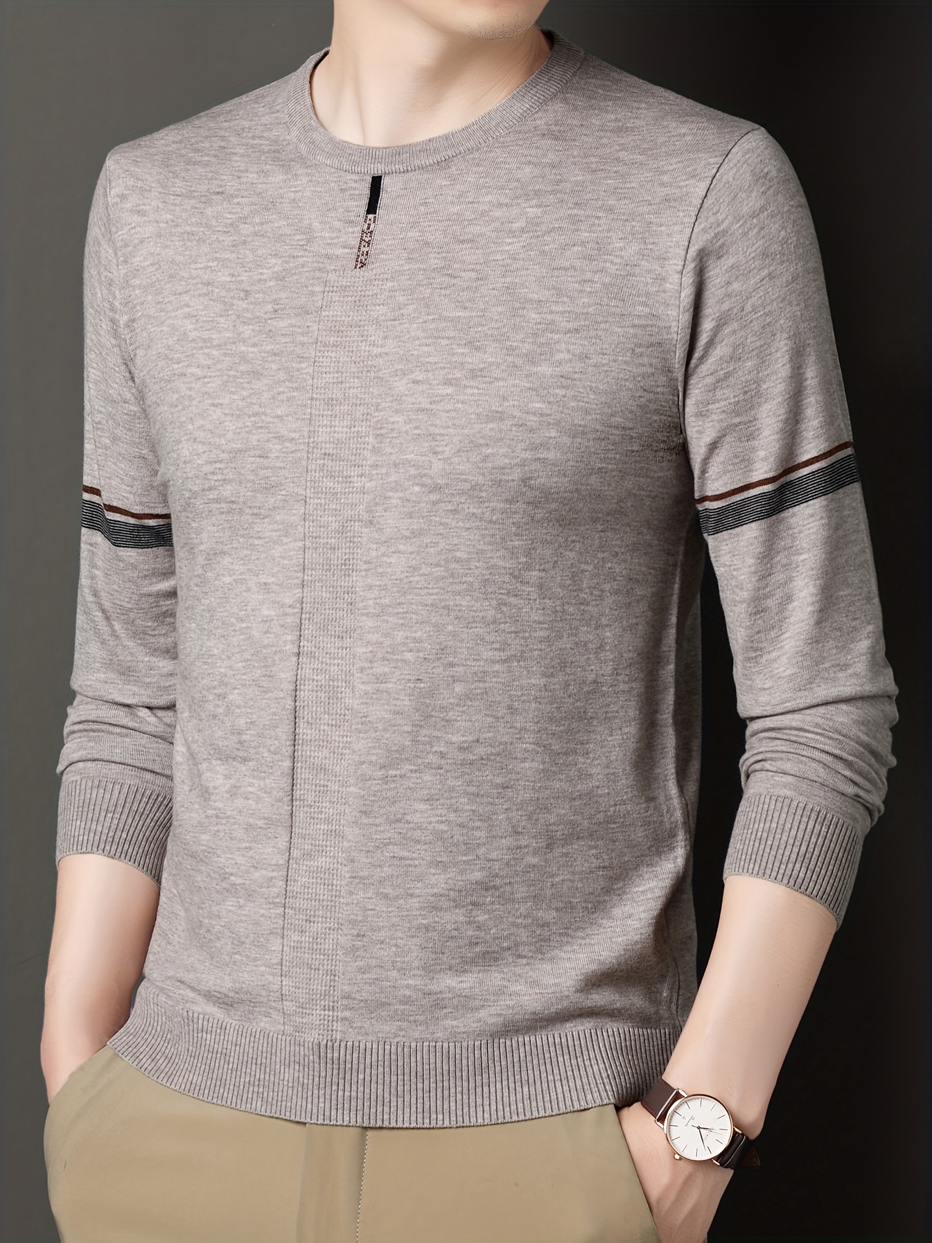 mens solid knit sweater casual elegant pullover for spring fall winter mens clothing details 1