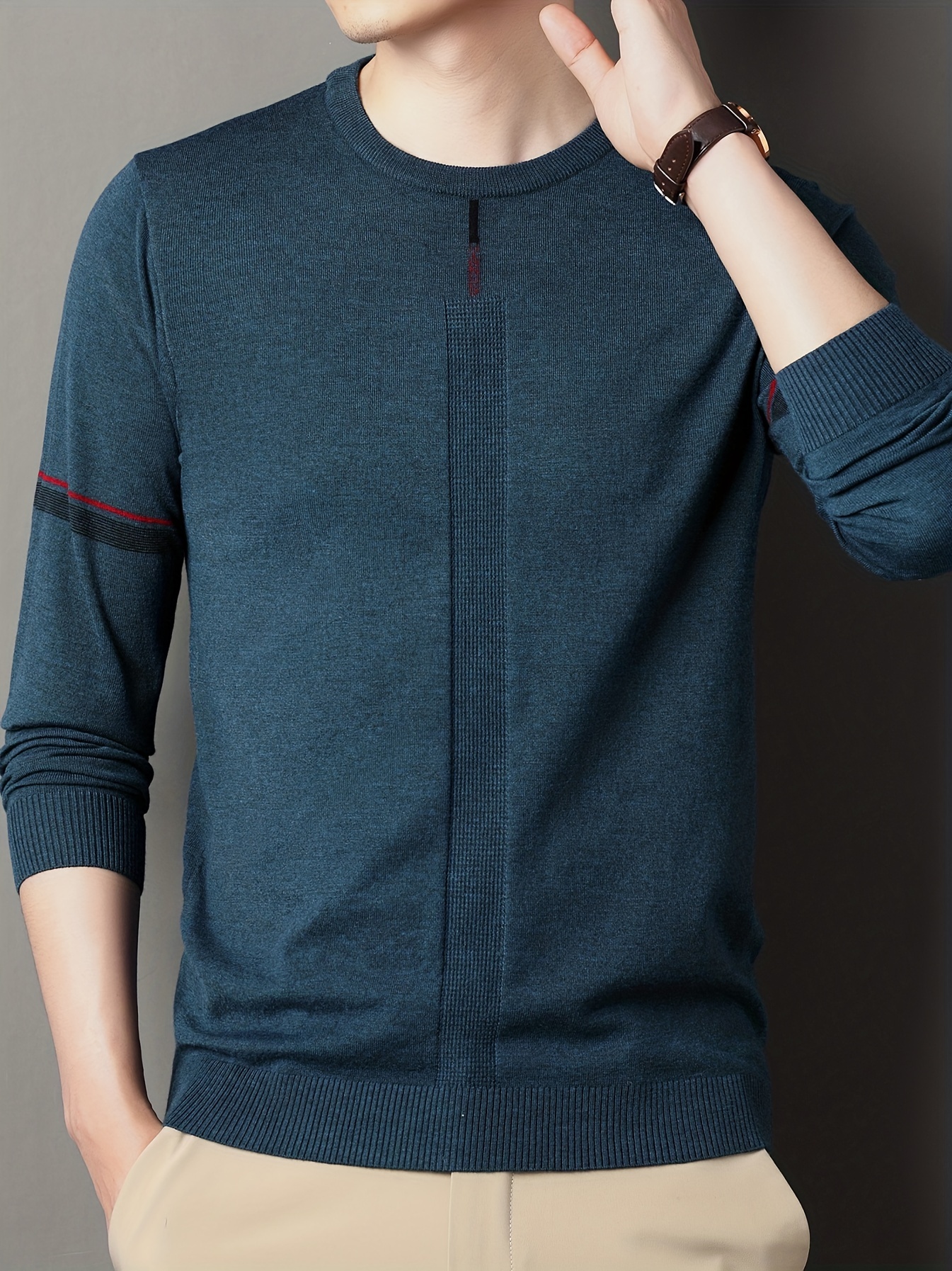 mens solid knit sweater casual elegant pullover for spring fall winter mens clothing details 4