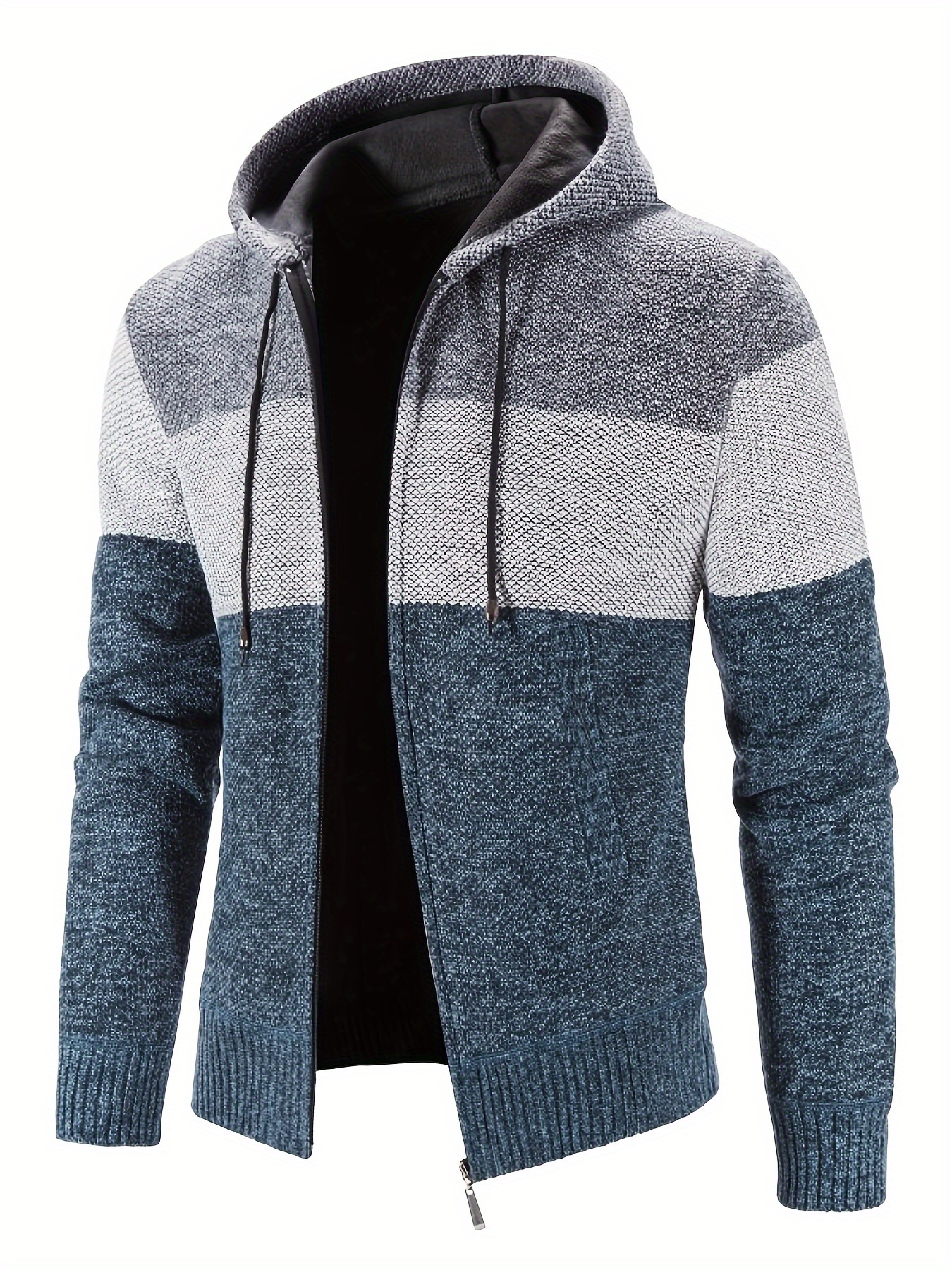 warm zip up hooded fleece jacket sweater mens casual slightly stretch color block cardigan for fall winter details 1