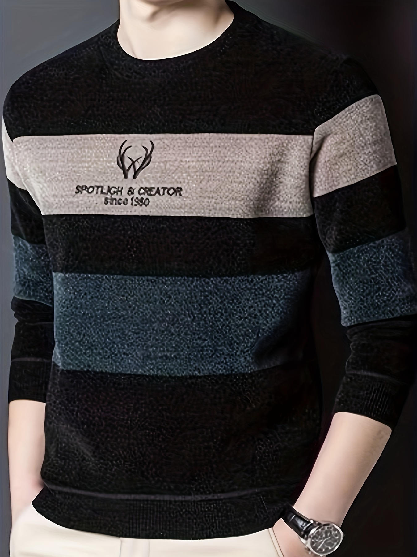 color block knitted sweater mens casual warm mid stretch crew neck pullover sweater for men fall winter details 7