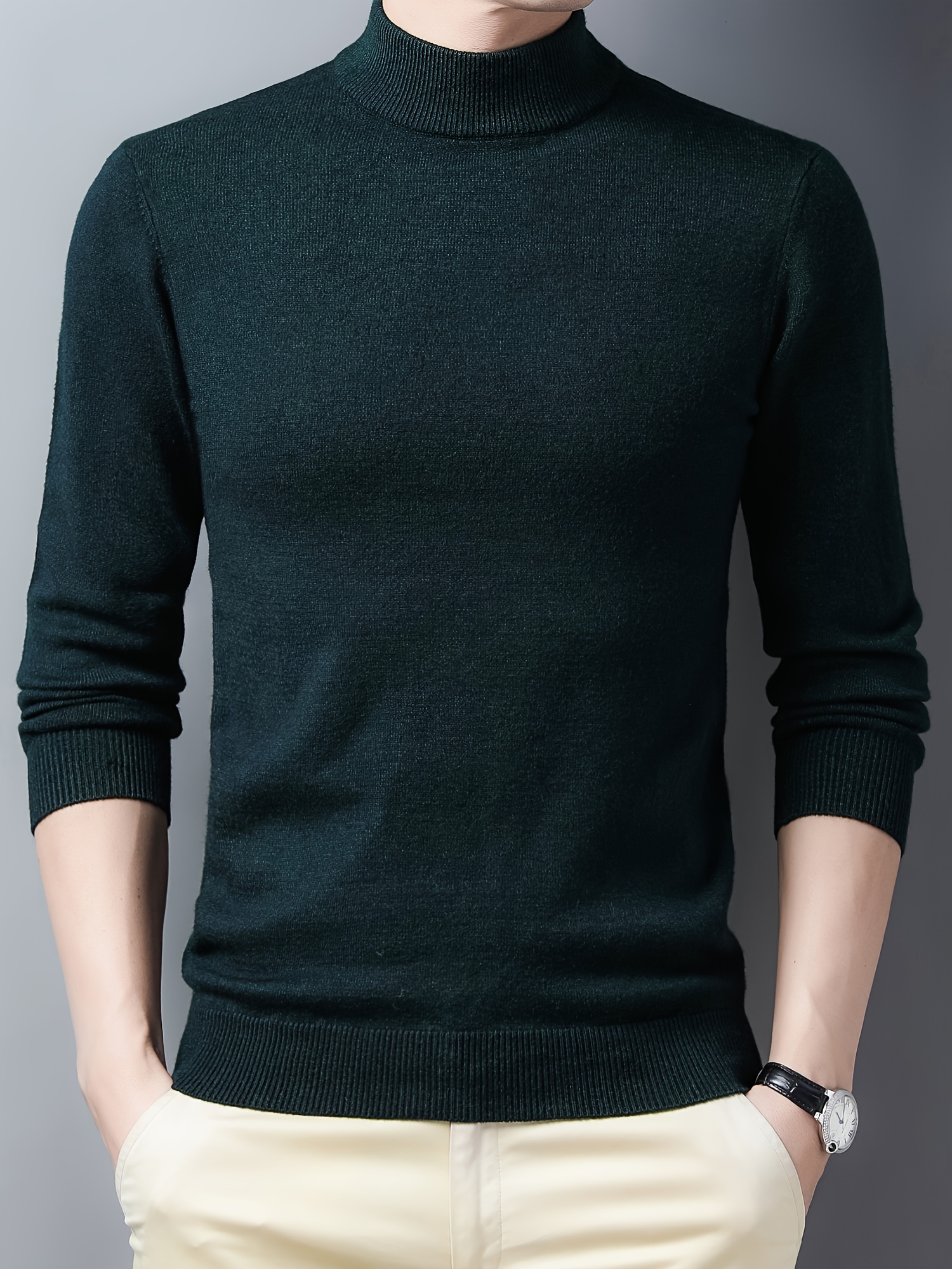 mens trendy solid knitted pullover casual mid stretch breathable turtle neck base layer for outdoor fall winter details 5