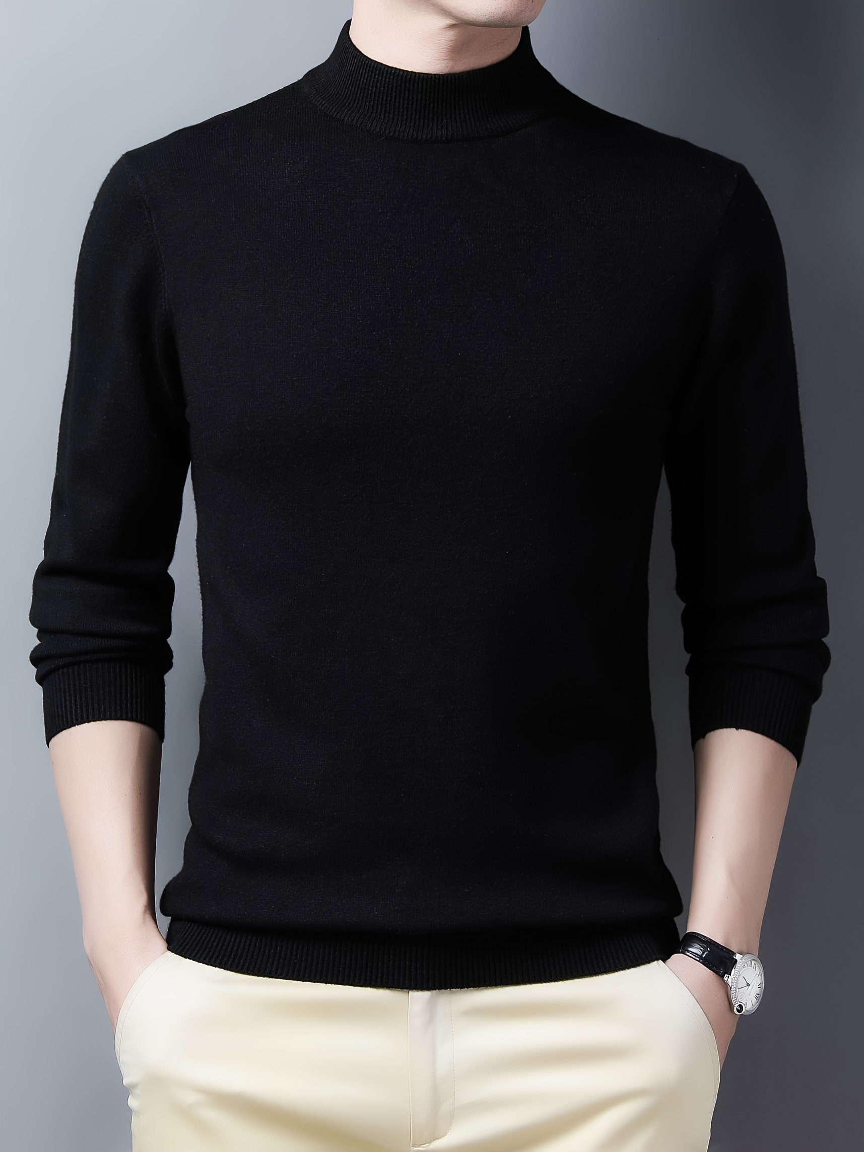 mens trendy solid knitted pullover casual mid stretch breathable turtle neck base layer for outdoor fall winter details 10