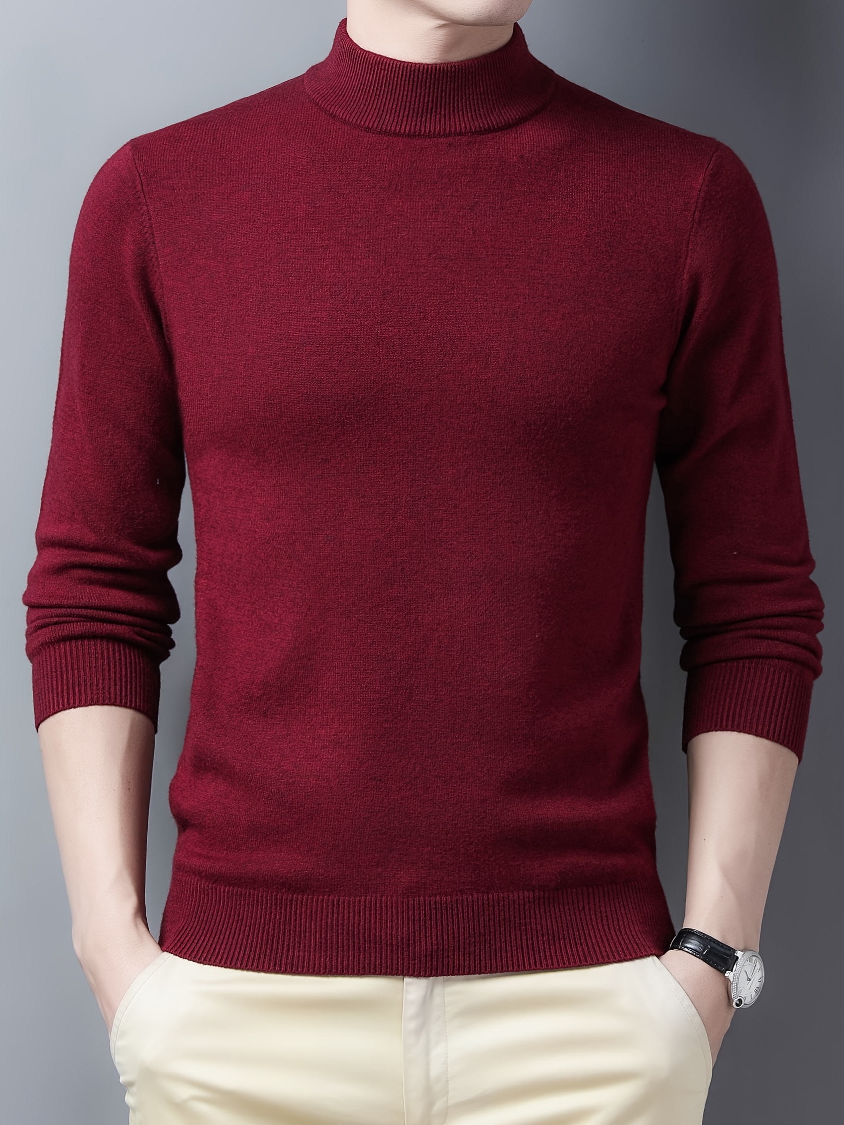 mens trendy solid knitted pullover casual mid stretch breathable turtle neck base layer for outdoor fall winter details 15