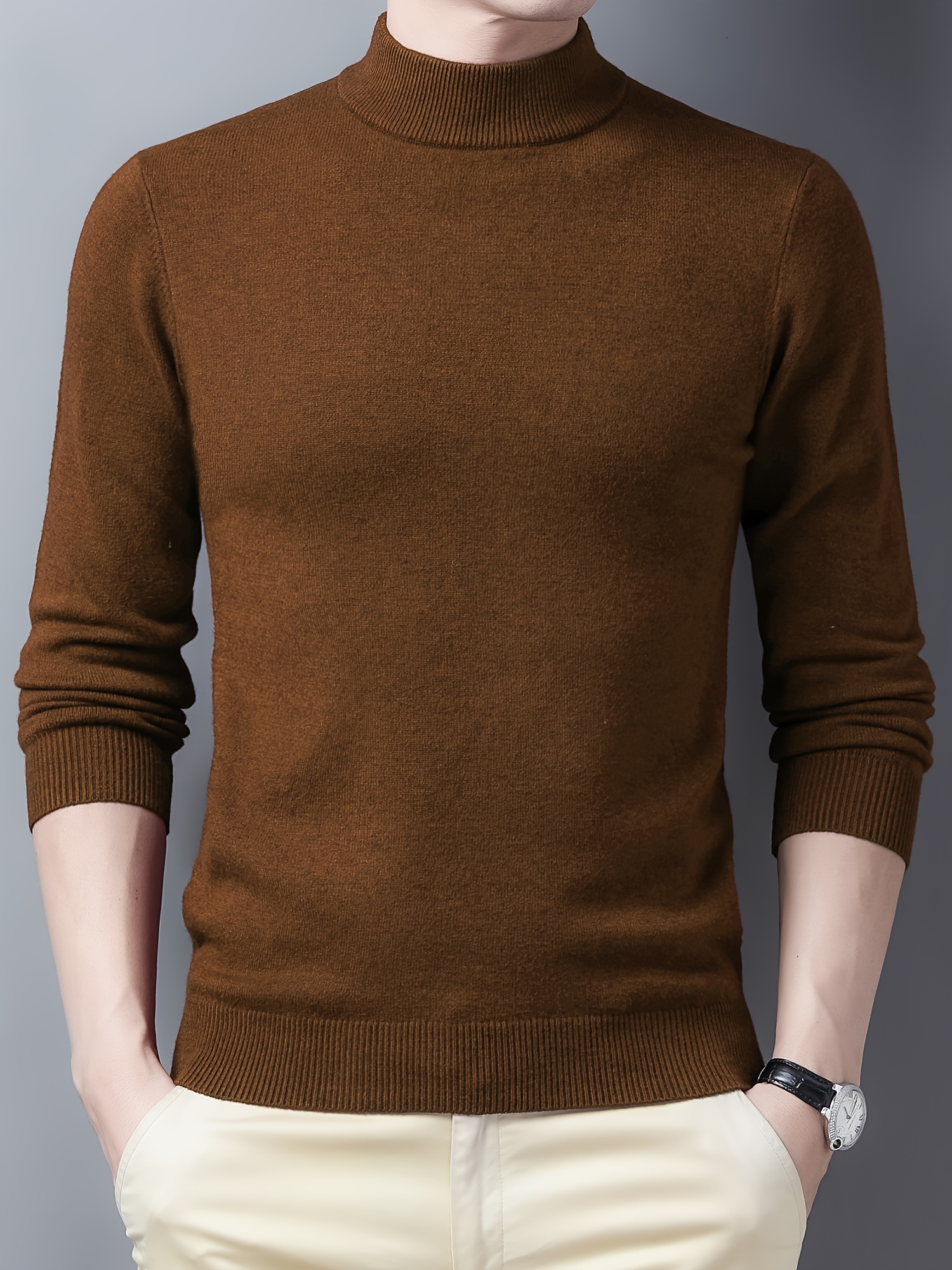 mens trendy solid knitted pullover casual mid stretch breathable turtle neck base layer for outdoor fall winter details 31