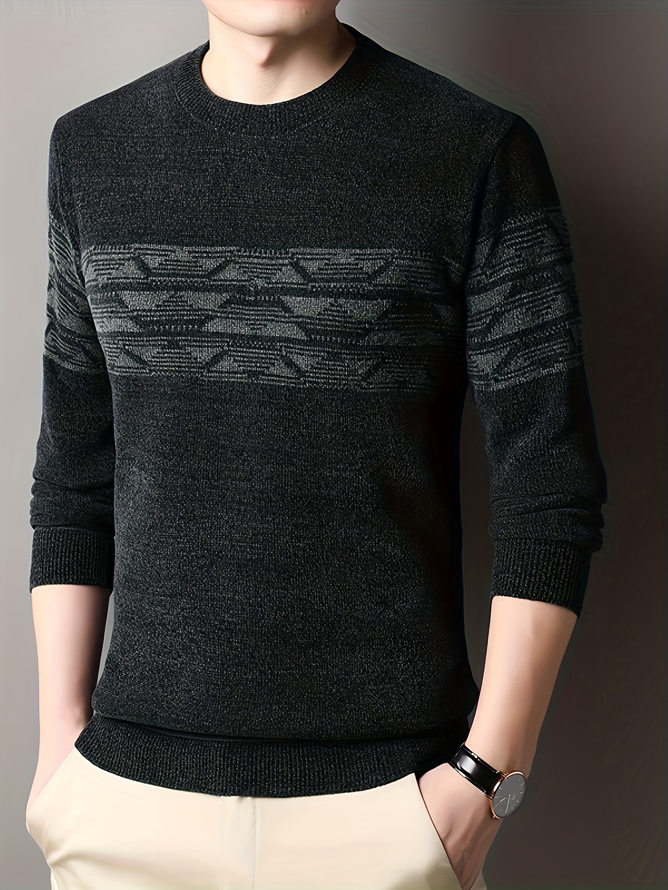 ethnic pattern knitted slim sweater mens casual warm mid stretch crew neck pullover sweater for men fall winter details 2