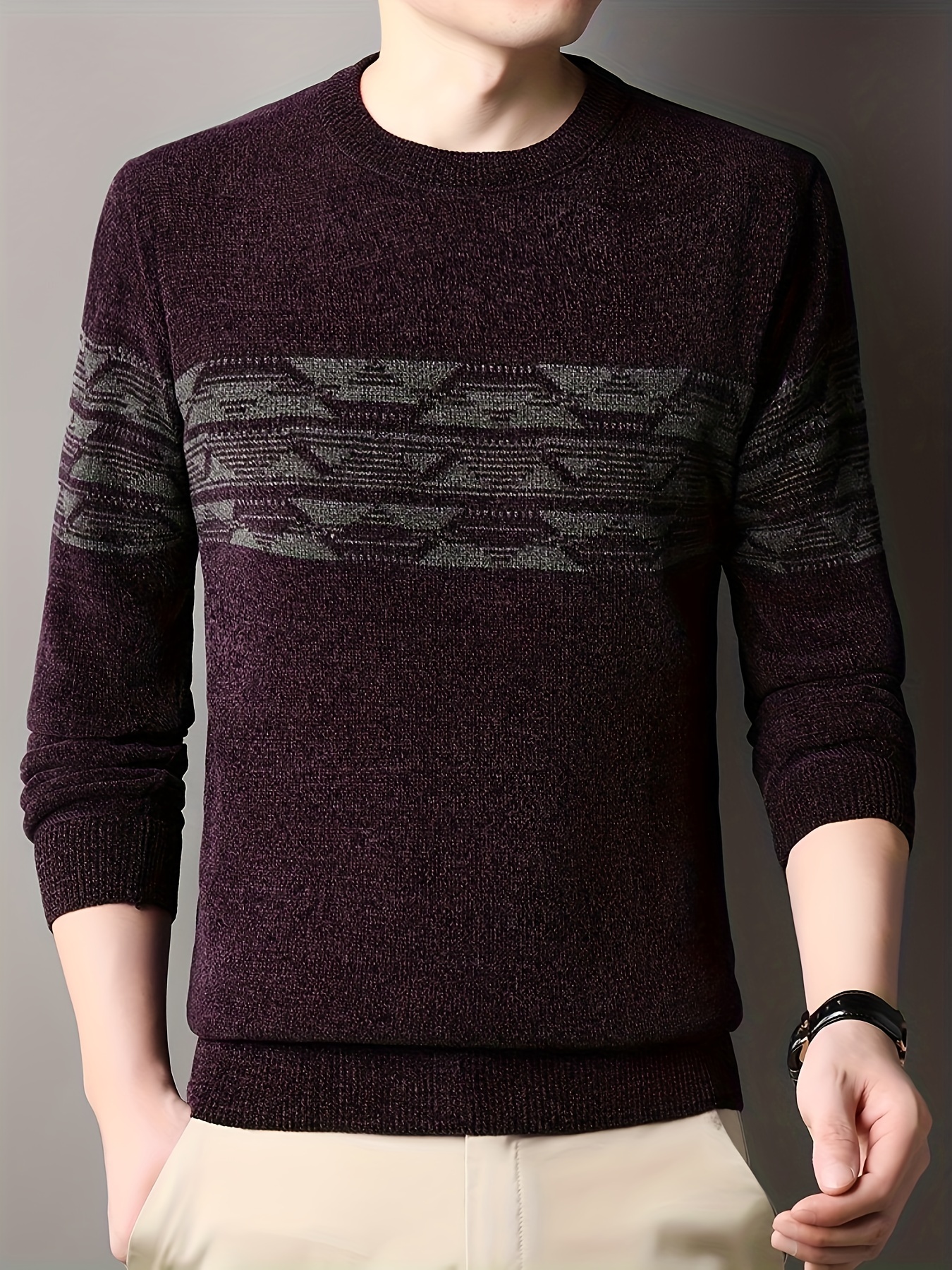 ethnic pattern knitted slim sweater mens casual warm mid stretch crew neck pullover sweater for men fall winter details 7