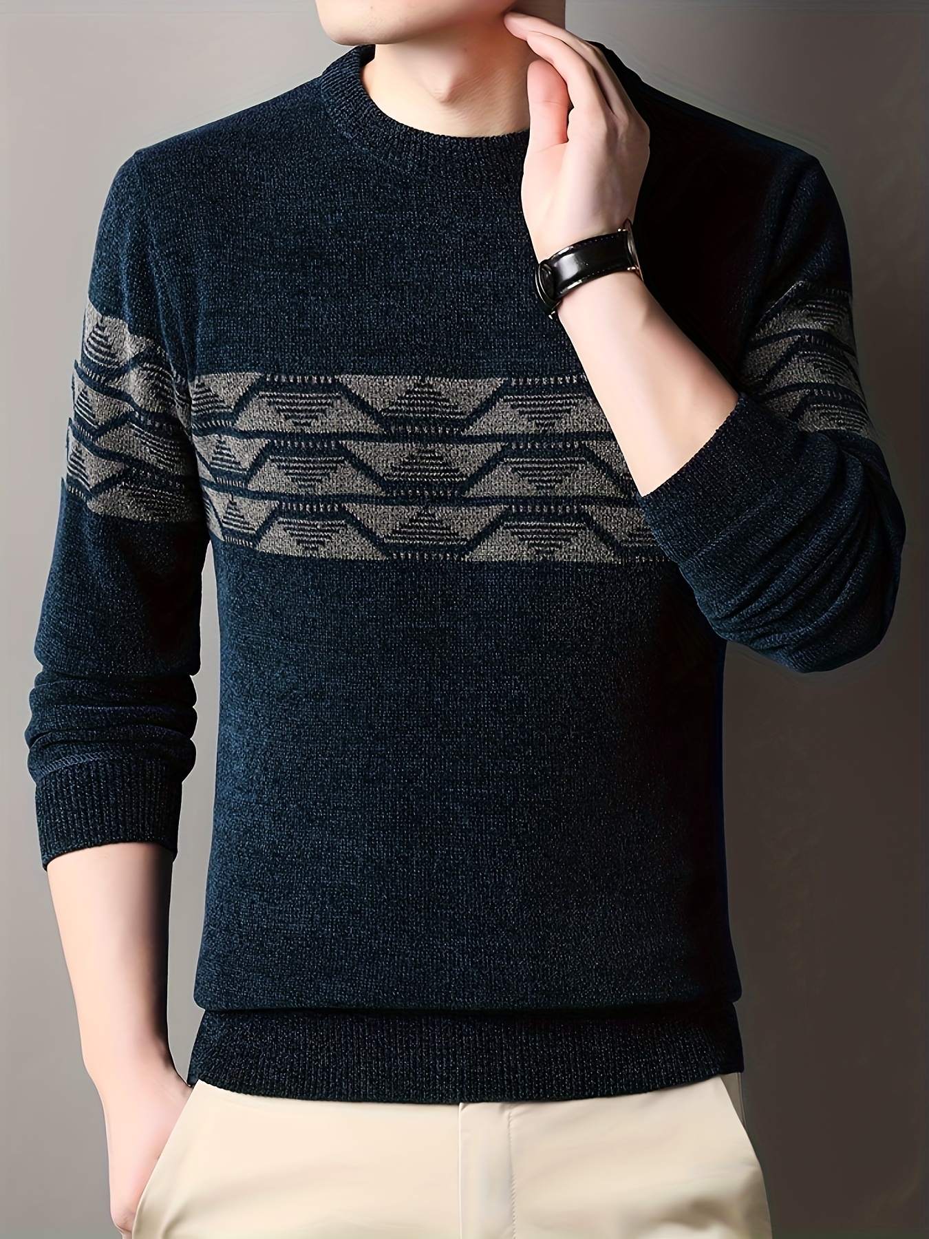 ethnic pattern knitted slim sweater mens casual warm mid stretch crew neck pullover sweater for men fall winter details 11