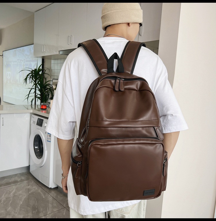 1pc trendy cool solid color backpack mens pu leather large capacity preppy style casual backpack couple simple college student backpack multifunctional travel backpack details 11