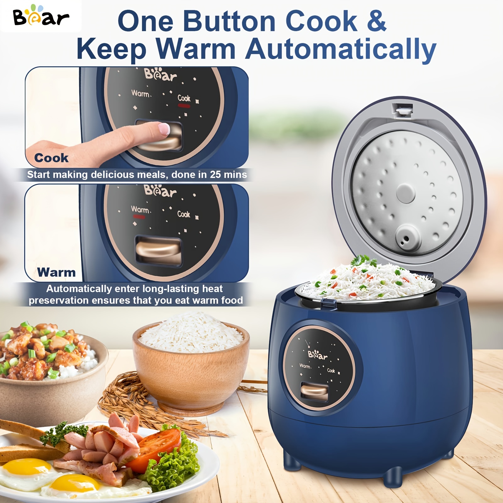 bear rice cooker 2 cups uncooked small rice cooker steamer with removable nonstick pot one touch keep warm function mini rice cooker for soup stew grain oatmeal veggie blue details 2