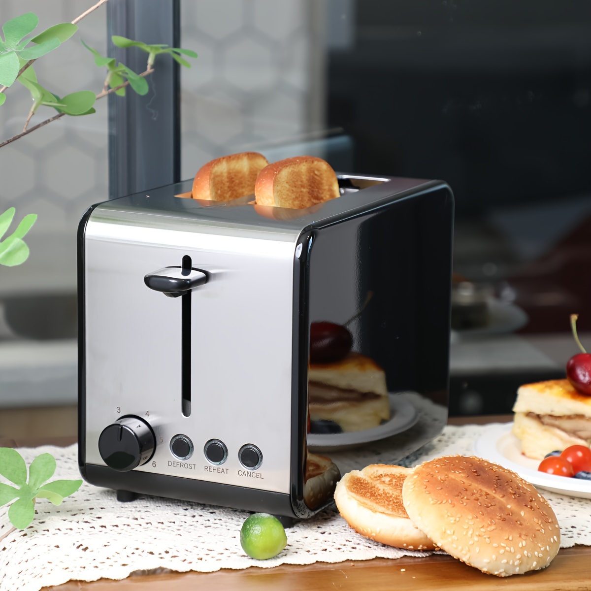 1pc stainless steel 2 slice toaster with wide slots 6 bread shade setting reheat defrost cancel function removable crumb tray for easy cleaning quick and ecen toasting extremely simple design breakfast set kitchen appliances details 0