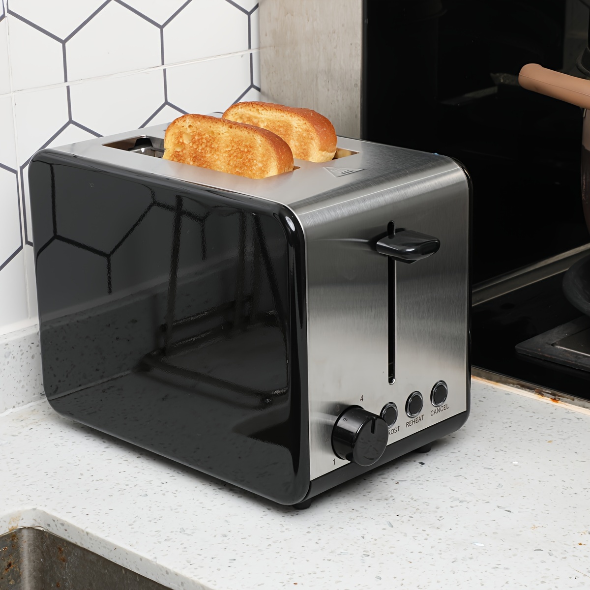 1pc stainless steel 2 slice toaster with wide slots 6 bread shade setting reheat defrost cancel function removable crumb tray for easy cleaning quick and ecen toasting extremely simple design breakfast set kitchen appliances details 1