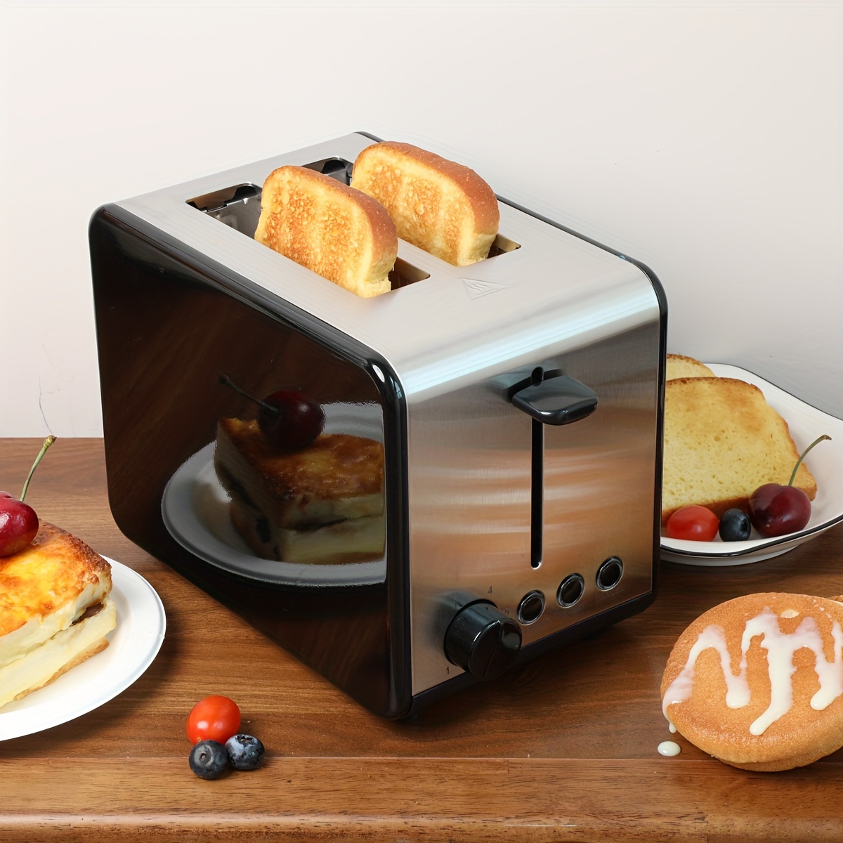 1pc stainless steel 2 slice toaster with wide slots 6 bread shade setting reheat defrost cancel function removable crumb tray for easy cleaning quick and ecen toasting extremely simple design breakfast set kitchen appliances details 2