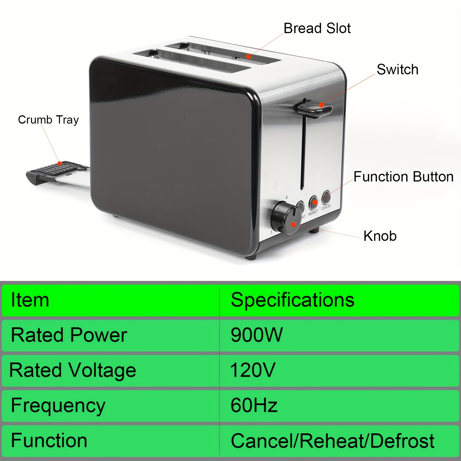 1pc stainless steel 2 slice toaster with wide slots 6 bread shade setting reheat defrost cancel function removable crumb tray for easy cleaning quick and ecen toasting extremely simple design breakfast set kitchen appliances details 4