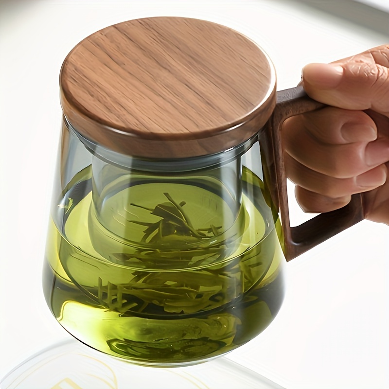 1pc 525ml 17 8oz heat resistant borosilicate glass tea cup with walnut cover moisture separation mug for green tea ideal for men and women details 0