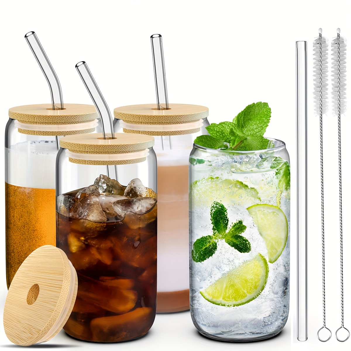 4pcs 16oz glasses cup coffee matching utensils coffee pot glasses with lids and straws wine glasses thickened glass walls beer cocktail or coffee mugs details 0