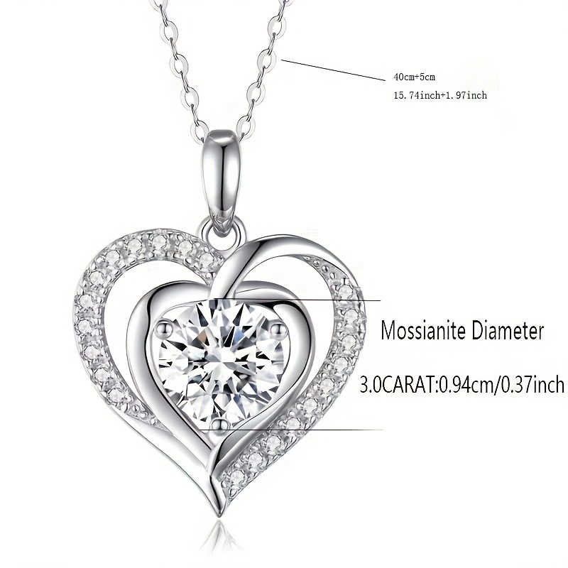 sterling 925 silver hypoallergenic necklace exquisite heart design sparkling moissanite inlaid pendant necklace with gift box gift for lovers details 0