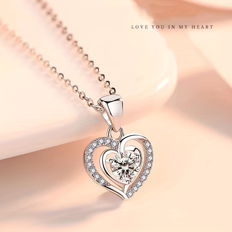 sterling 925 silver hypoallergenic necklace exquisite heart design sparkling moissanite inlaid pendant necklace with gift box gift for lovers details 1