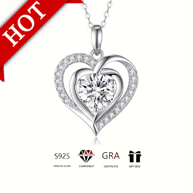 sterling 925 silver hypoallergenic necklace exquisite heart design sparkling moissanite inlaid pendant necklace with gift box gift for lovers details 5