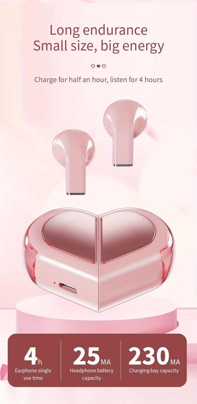 tws half in ear wireless earphones two styles of charging cases heart shaped case compatible with all smartphones exclusive for couples the best gift for your loved one details 6