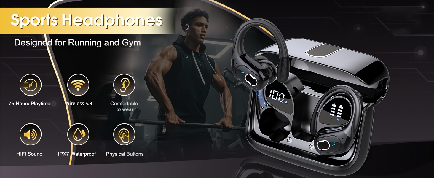 new wireless earbuds wireless 5 3 earphone for sport running led power display wireless headphones sports ear buds with earhooks details 0