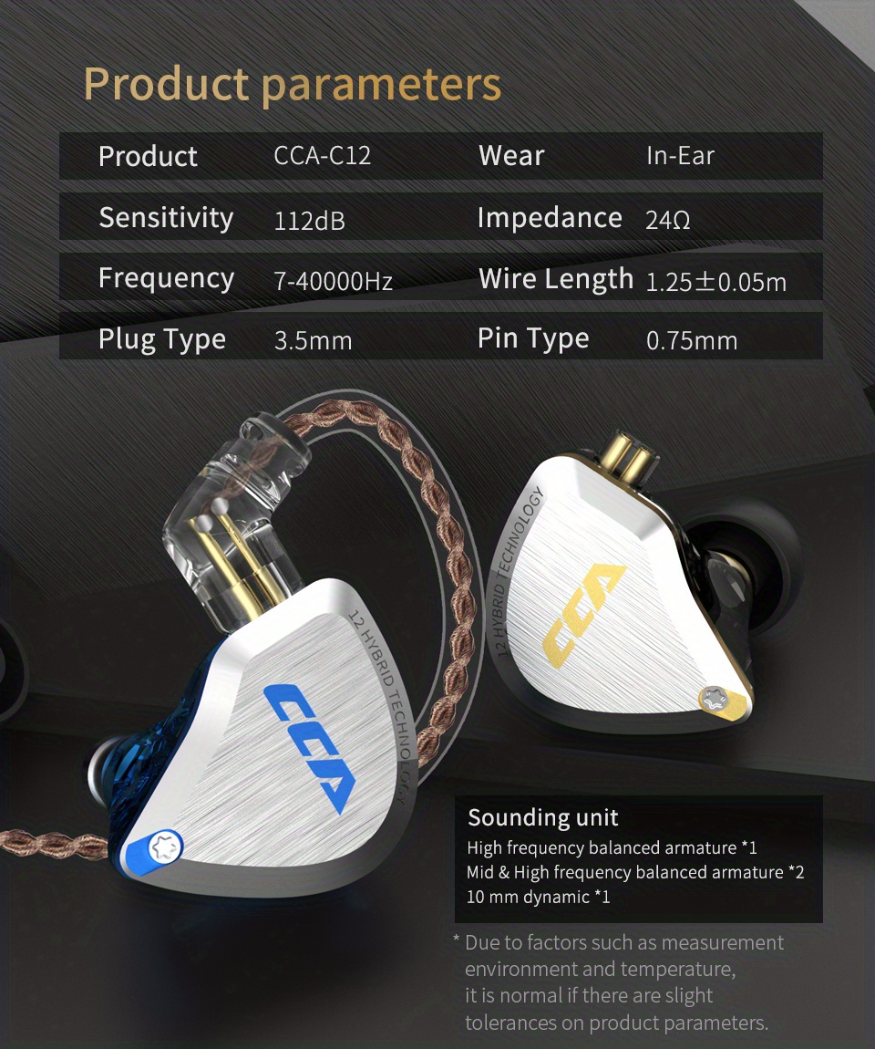 cca c12 in ear monitor headphones 5ba 1dd hybrid hifi iem earphones noise isolating stereo wired earbuds for musicians audiophile singers dj details 6