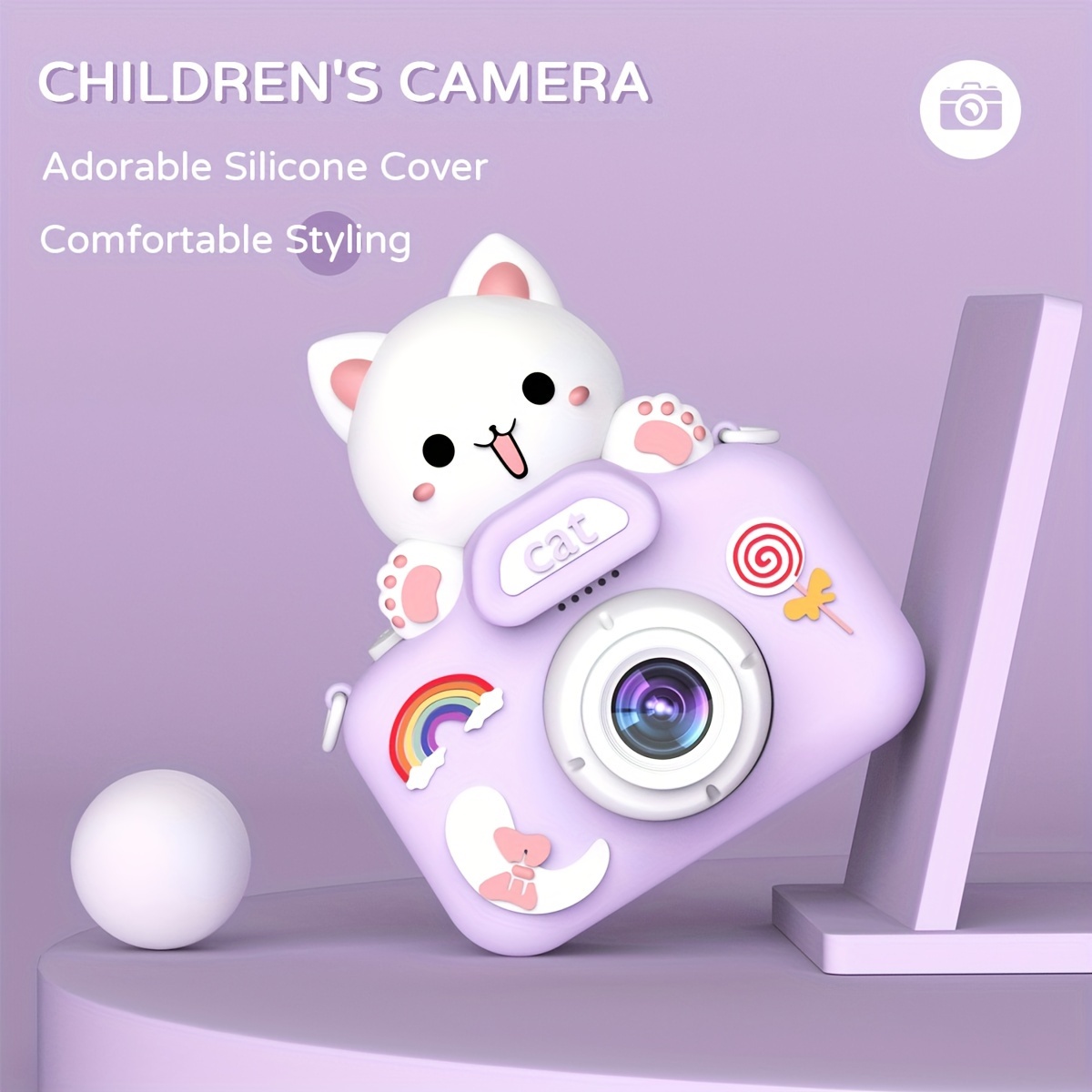 purple cat mini camera kids camera toys for 3 4 5 6 7 8 9 10 year old boys girls digital camera toys christmas birthday gifts selfie camera for kids 32gb sd card outdoor photography toys details 0