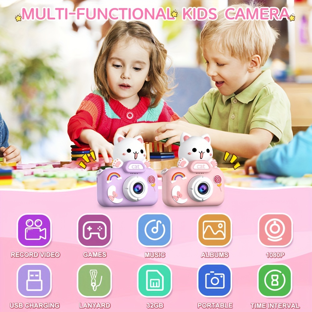 purple cat mini camera kids camera toys for 3 4 5 6 7 8 9 10 year old boys girls digital camera toys christmas birthday gifts selfie camera for kids 32gb sd card outdoor photography toys details 1