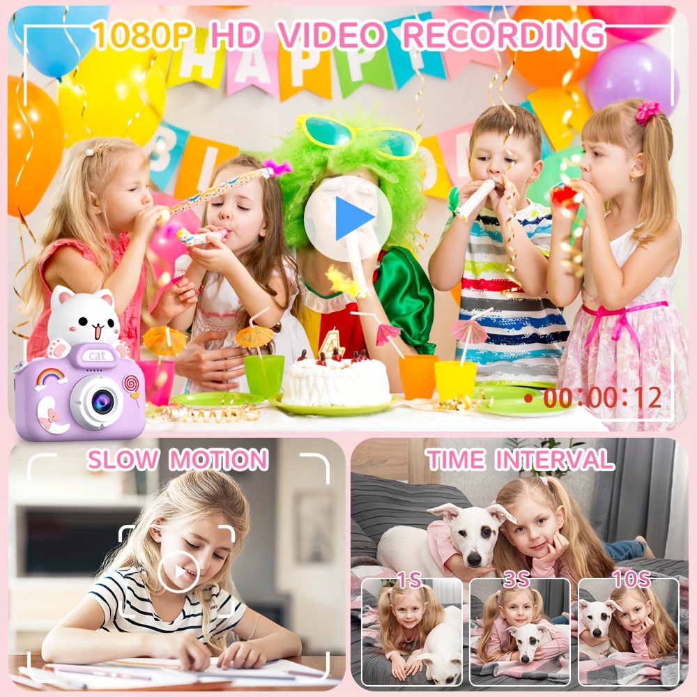 purple cat mini camera kids camera toys for 3 4 5 6 7 8 9 10 year old boys girls digital camera toys christmas birthday gifts selfie camera for kids 32gb sd card outdoor photography toys details 2