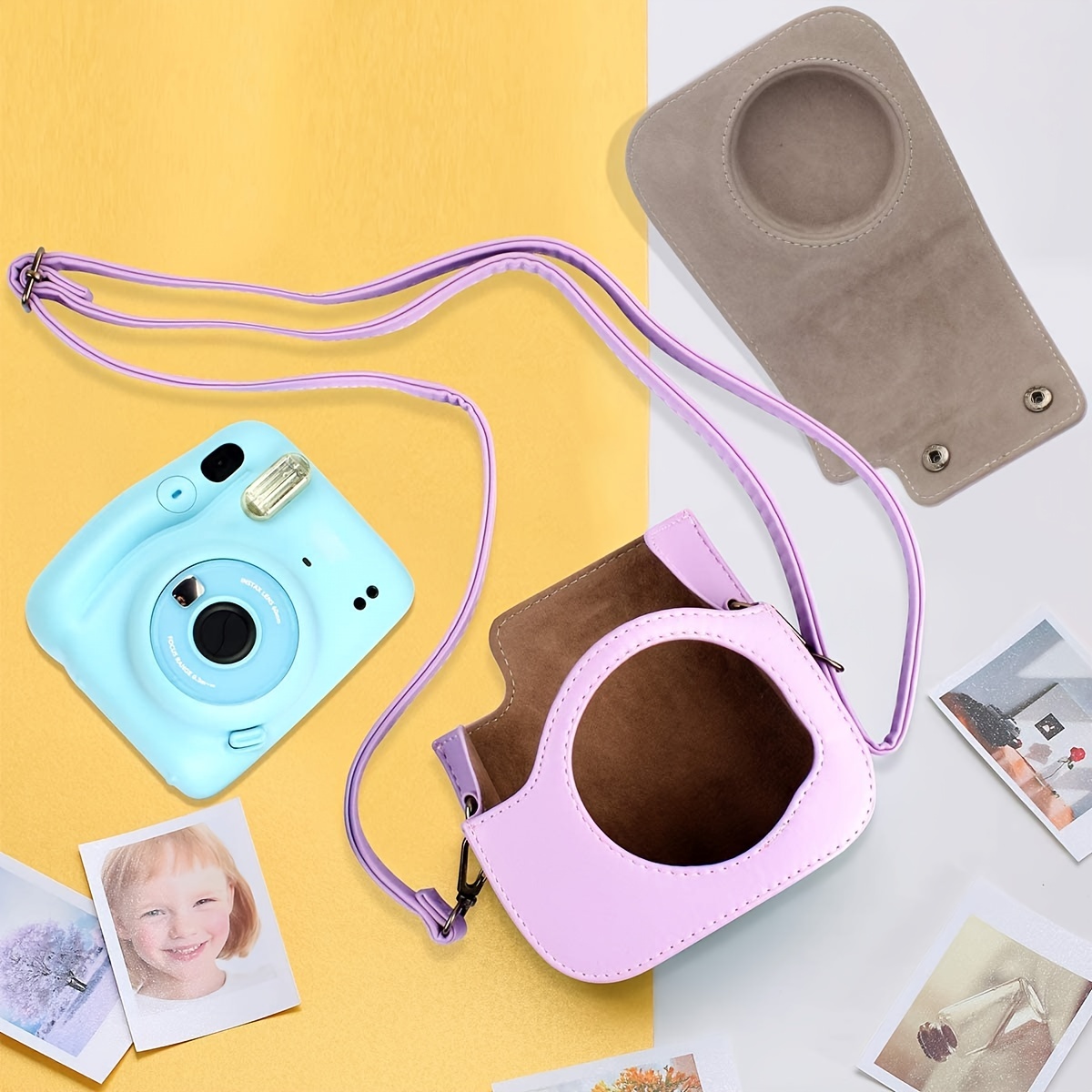 instant camera case compatible with instax mini 11 pu leather bag with pocket and adjustable shoulder strap blue details 7