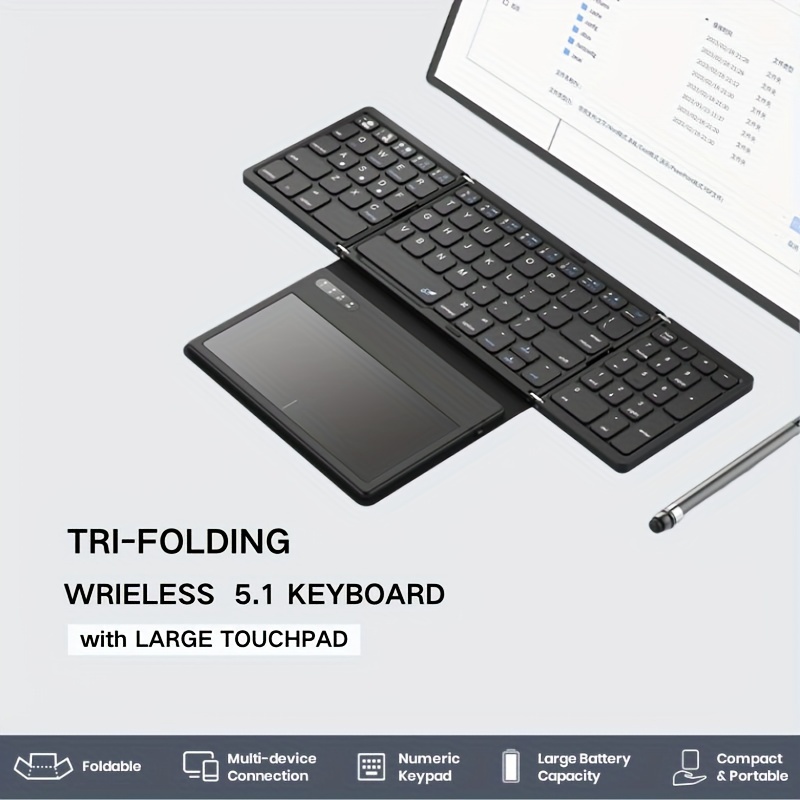 foldable wireless keyboard portable full size folding keyboard with large touchpad numeric keypad pu leather wireless travel keyboard for windows ios android mac details 1