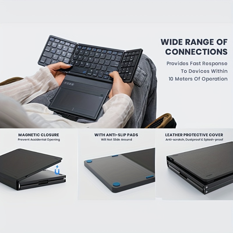 foldable wireless keyboard portable full size folding keyboard with large touchpad numeric keypad pu leather wireless travel keyboard for windows ios android mac details 3