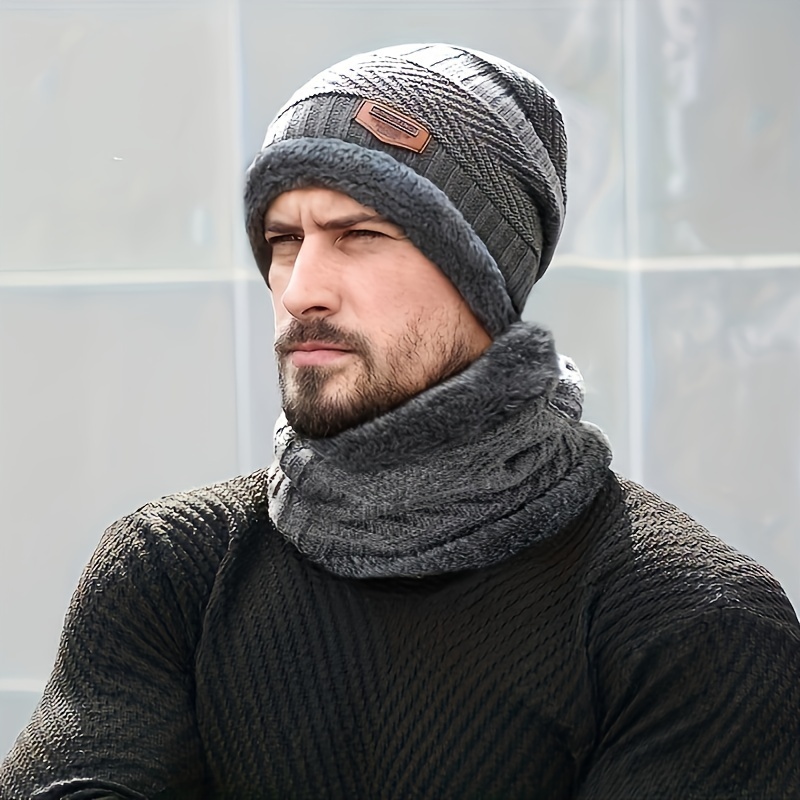 2pcs set mens warm hat scarf knitted plus velvet thickened windproof neck warmer hat ideal choice for gifts details 0