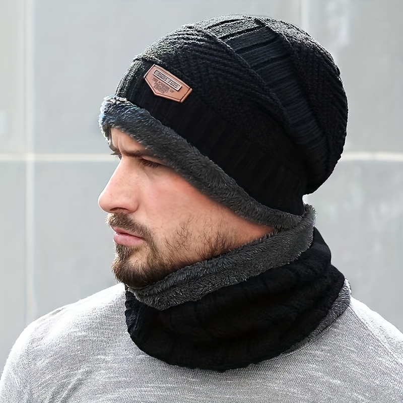 2pcs set mens warm hat scarf knitted plus velvet thickened windproof neck warmer hat ideal choice for gifts details 1