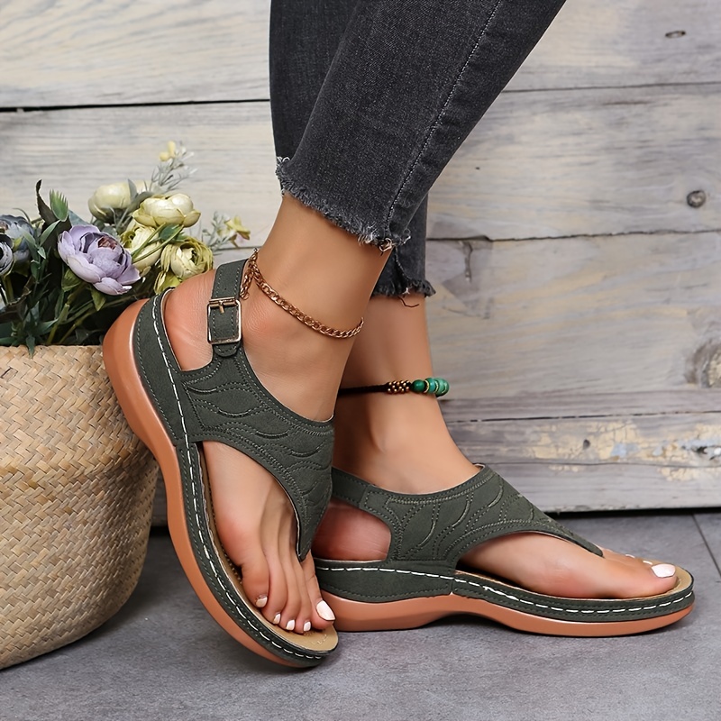 womens wedge heeled flip flops ankle strap open toe solid color sandals womens casual footwear details 4