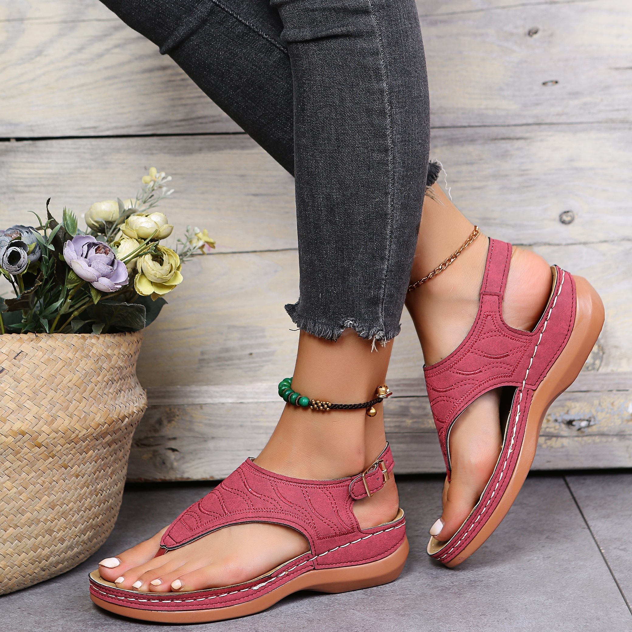 womens wedge heeled flip flops ankle strap open toe solid color sandals womens casual footwear details 5