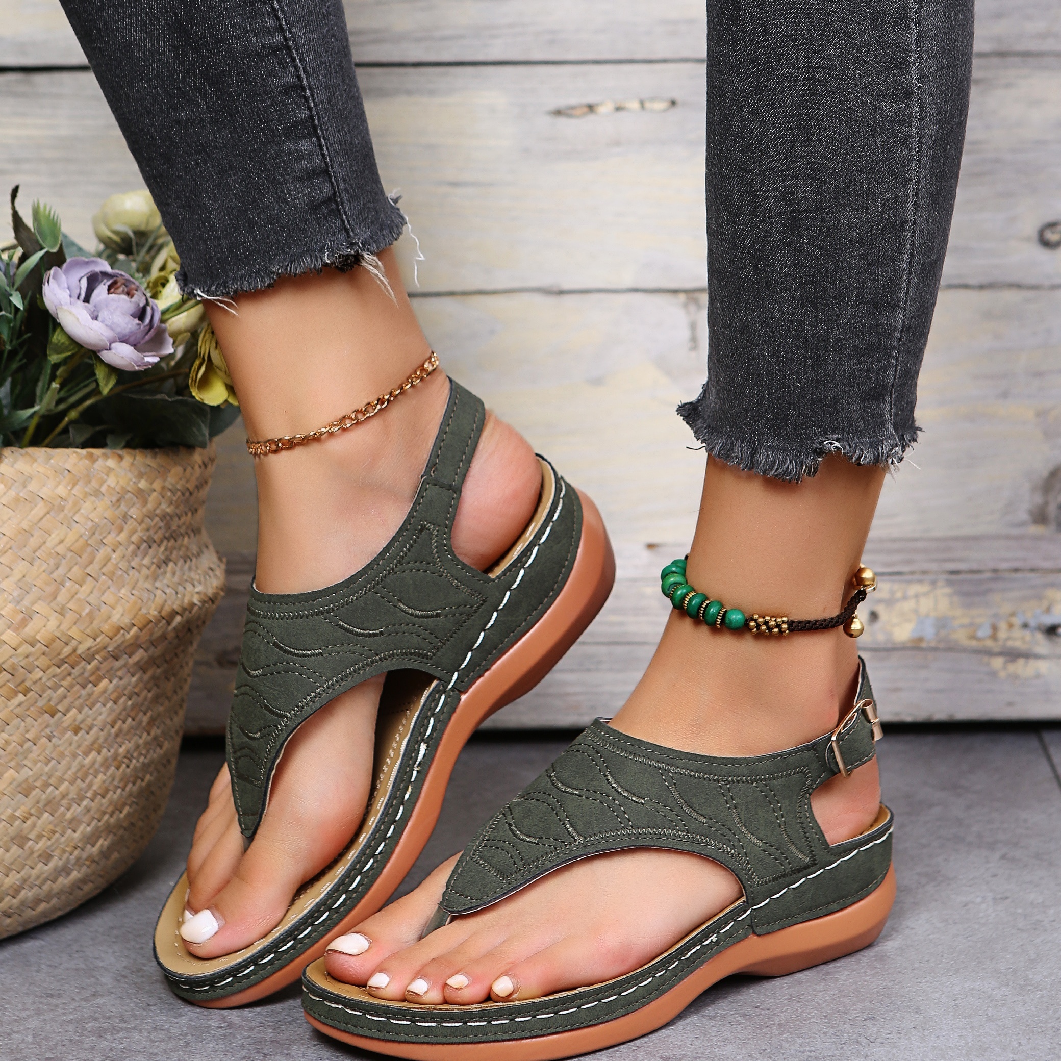 womens wedge heeled flip flops ankle strap open toe solid color sandals womens casual footwear details 8