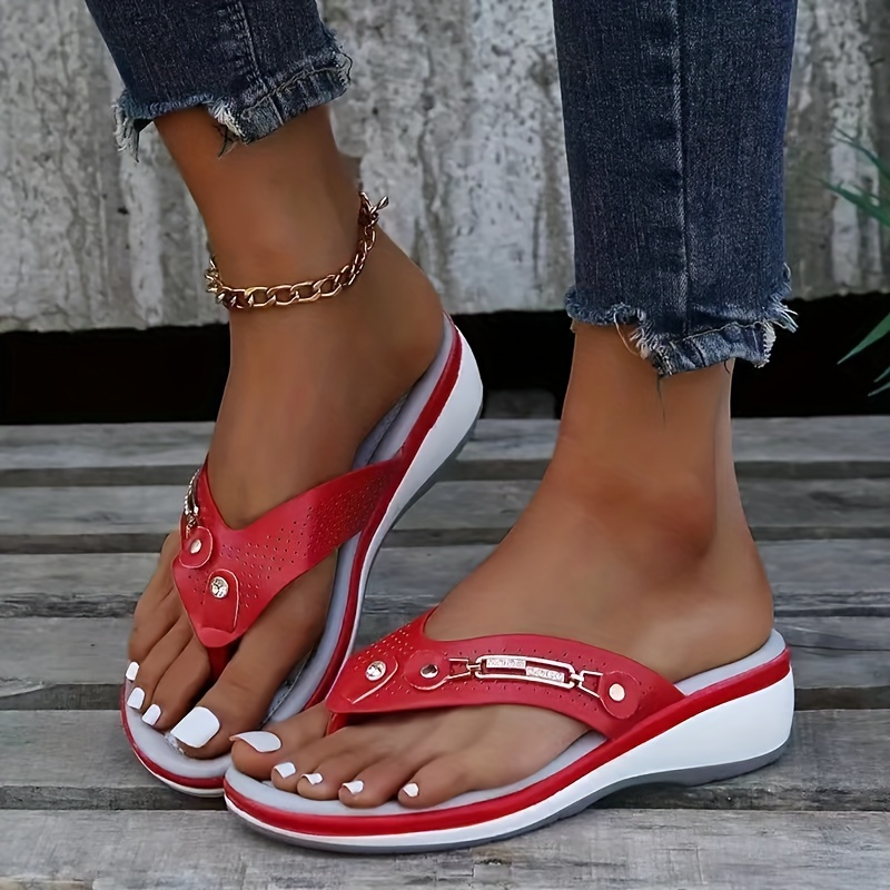 womens wedge flip flops buckle decor soft sole slip on arch support shoes comfy outdoor slide sandals details 0