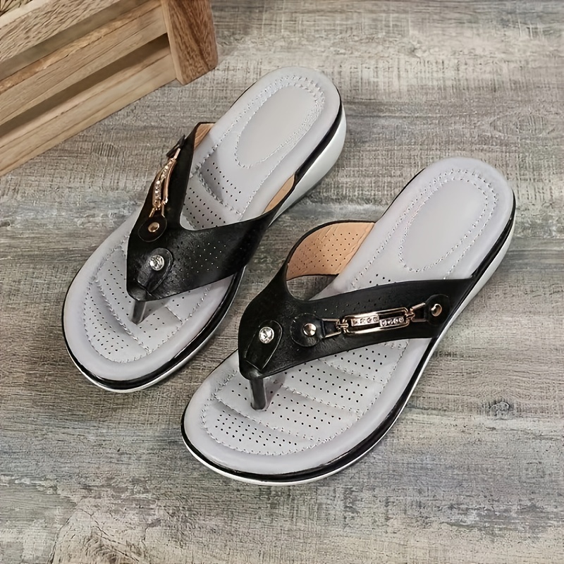 womens wedge flip flops buckle decor soft sole slip on arch support shoes comfy outdoor slide sandals details 7