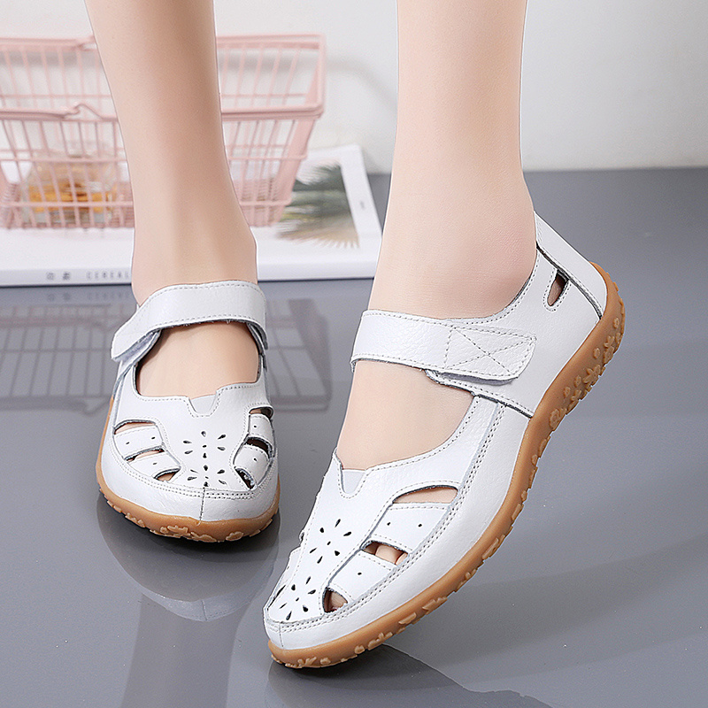 womens cut out flat sandals solid color soft sole hook loop walking shoes casual non slip closed toe shoes details 1