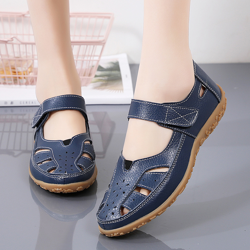 womens cut out flat sandals solid color soft sole hook loop walking shoes casual non slip closed toe shoes details 2