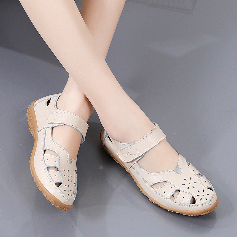 womens cut out flat sandals solid color soft sole hook loop walking shoes casual non slip closed toe shoes details 8