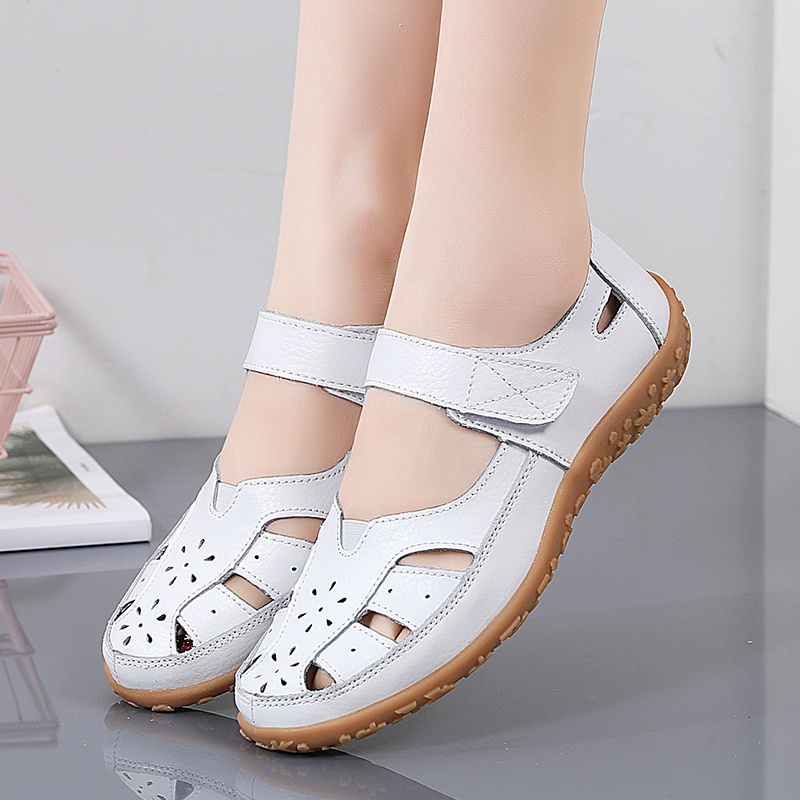 womens cut out flat sandals solid color soft sole hook loop walking shoes casual non slip closed toe shoes details 10