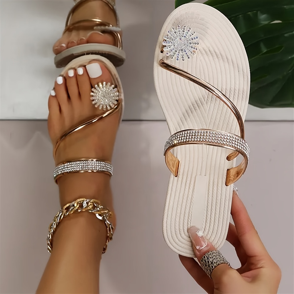 womens flower rhinestone flat flip flops fashion open toe non slip toe loop slides shoes casual beach slippers details 2